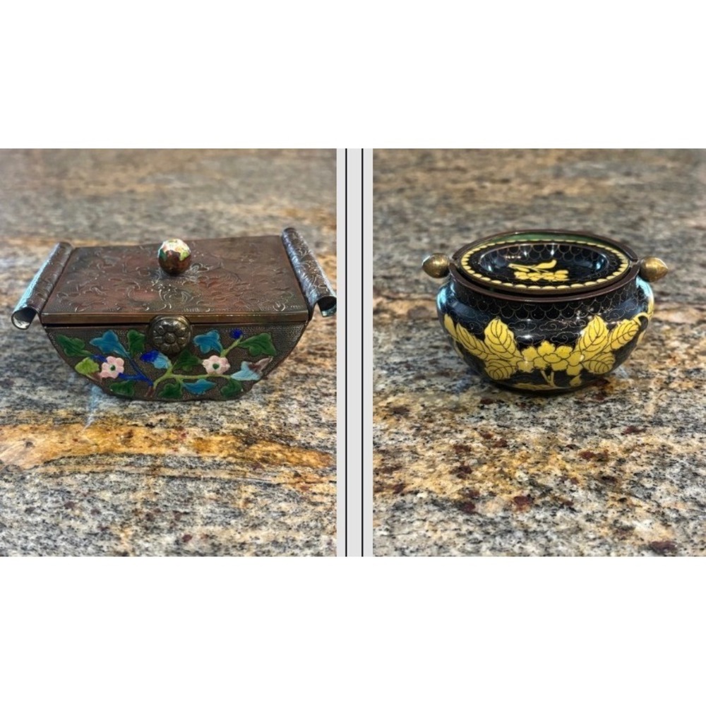 Vintage Chinese Cloisonne Enamel Trinket Box + Ashtray Blue‎ Yellow Floral